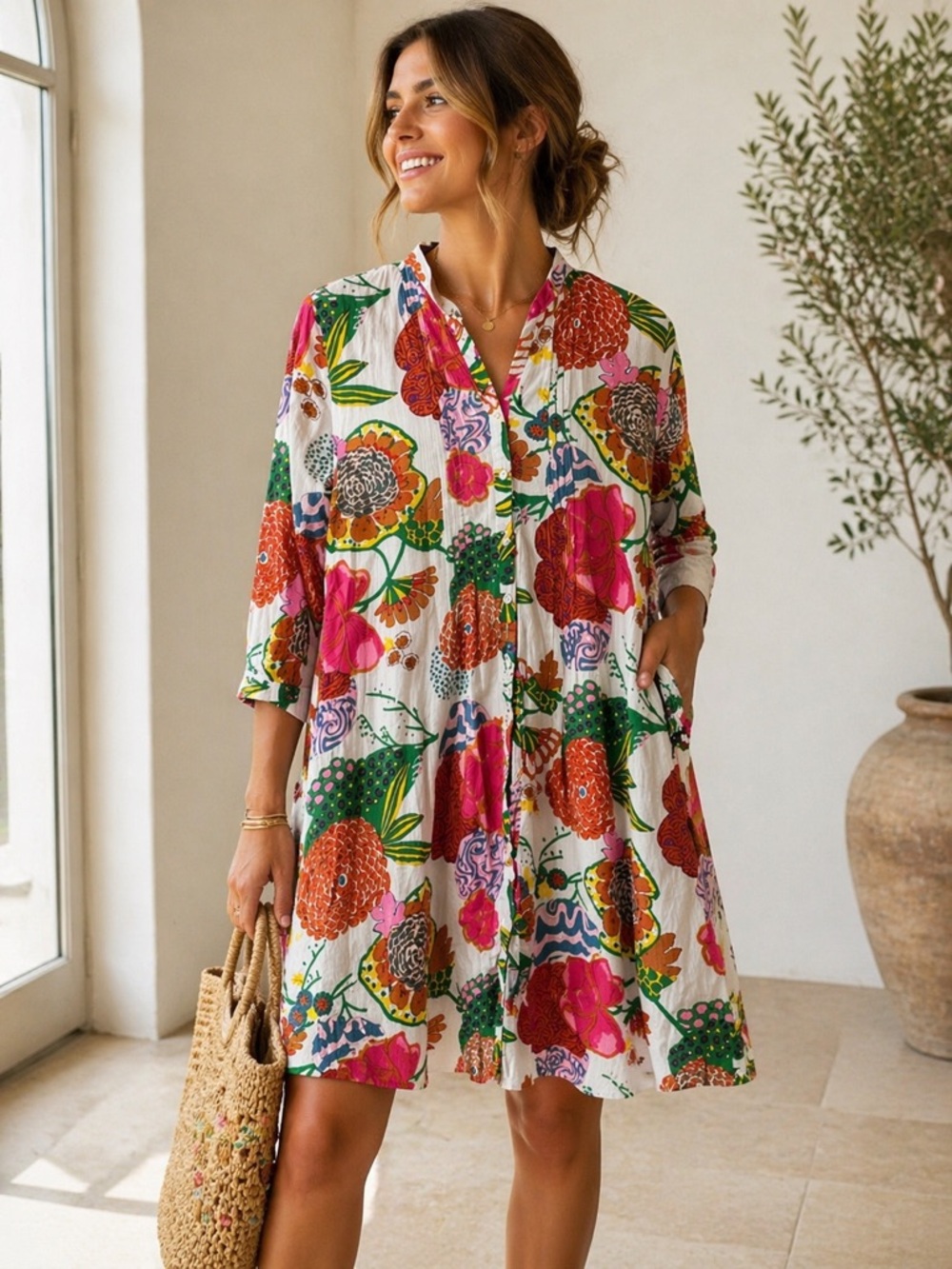 Charlee Floral V-Neck Cotton Dress in White with Multicolor Blooms